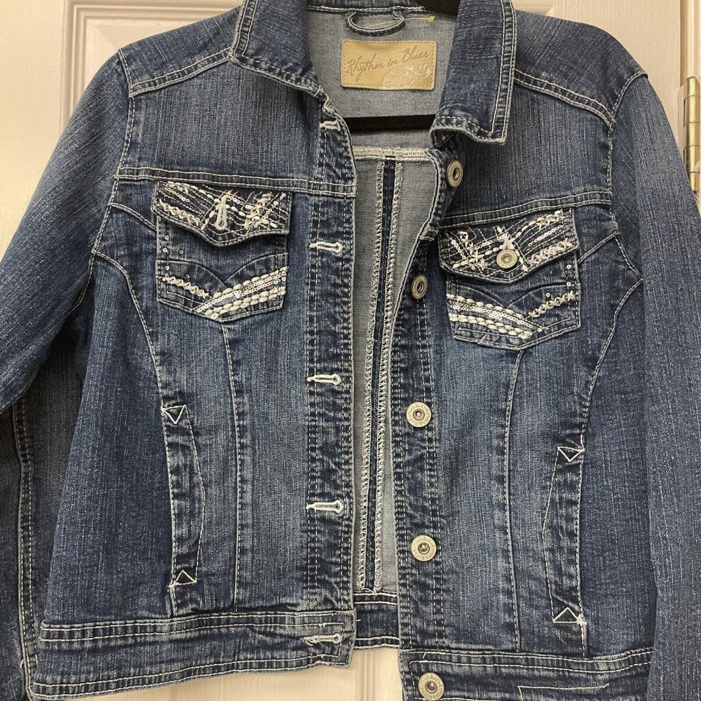 Rhythm in Blues Womens Medium Button Up Jean Jacket Blue Embroidered - Picture 2 of 11